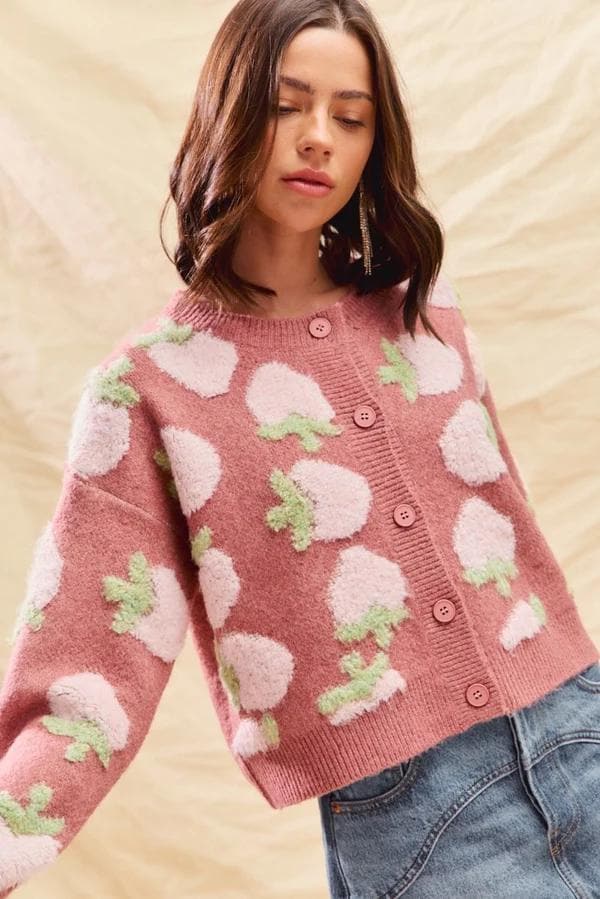 Mauve Strawberry Cardigan: Buttonup Soft Knit Sweater