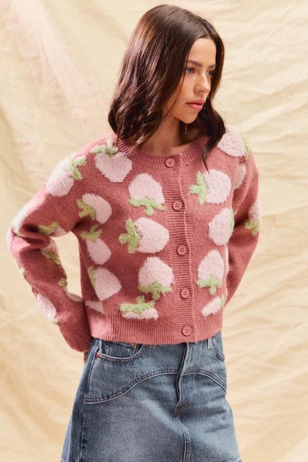 Mauve Strawberry Cardigan: Buttonup Soft Knit Sweater