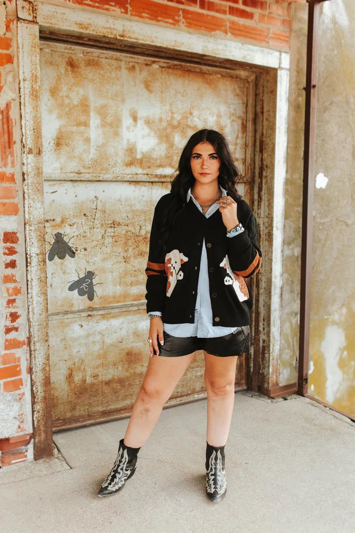 Black Western Style Cardigan: Texas Cowgirl Highland Cow